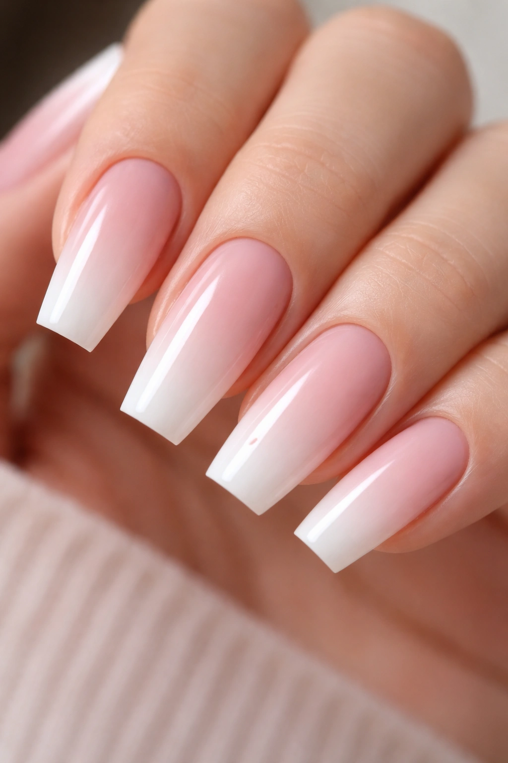 Close-up of ombre nails transitioning from pink to white on coffin nails