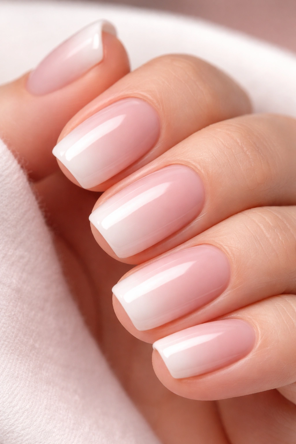 Close-up of squoval nails with pink-to-white ombré gradient