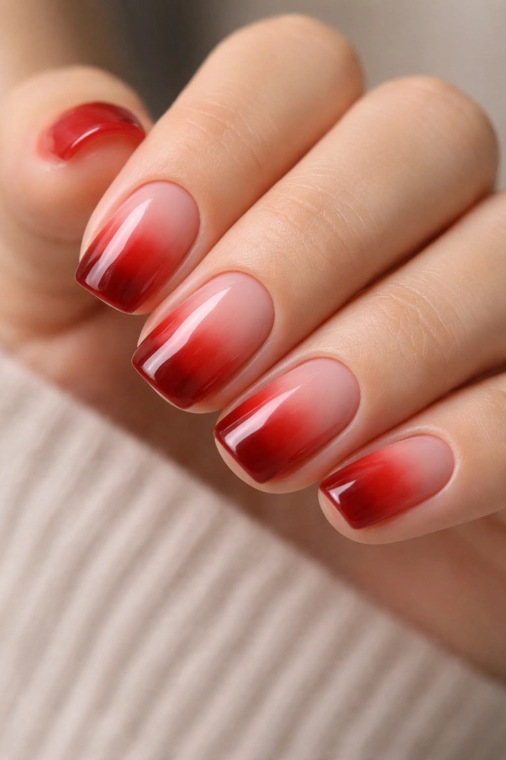 Close-up of red ombre squoval nails showing gradient from pink to red