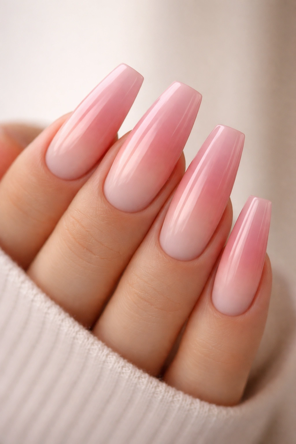 Close-up of reverse duck nails showing a pale pink to deep pink ombré gradient