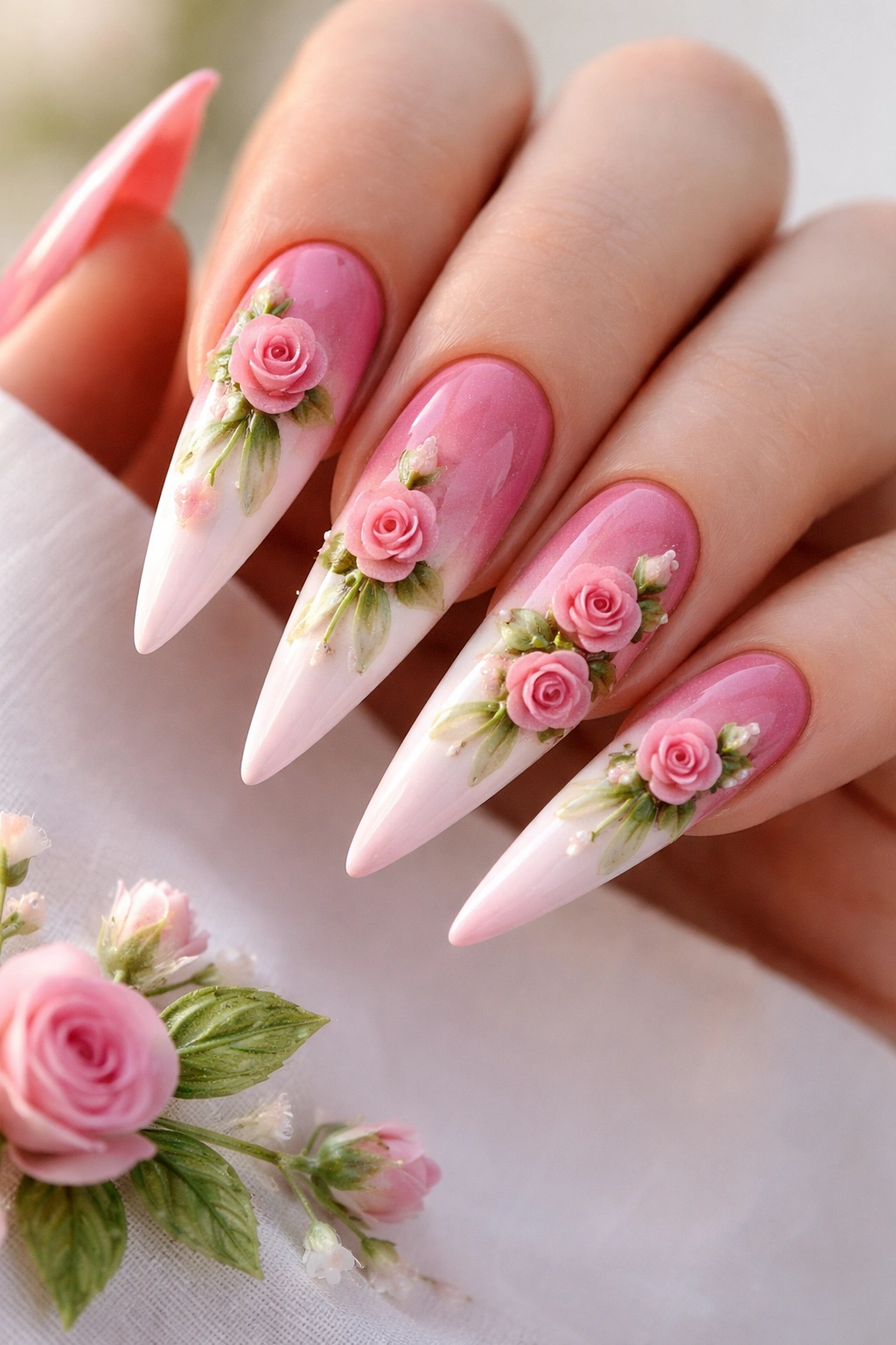 Macro close-up of ombré nails with raised rose buds in pink and white on stiletto nails