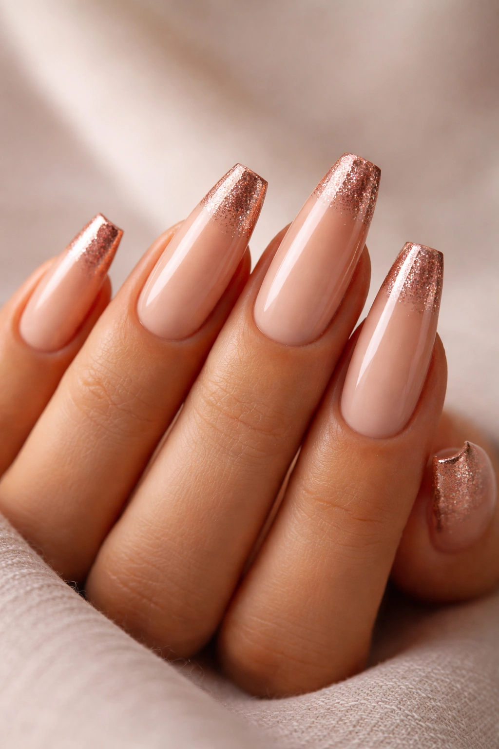 Close-up of nude ombre coffin nails with rose gold tips.