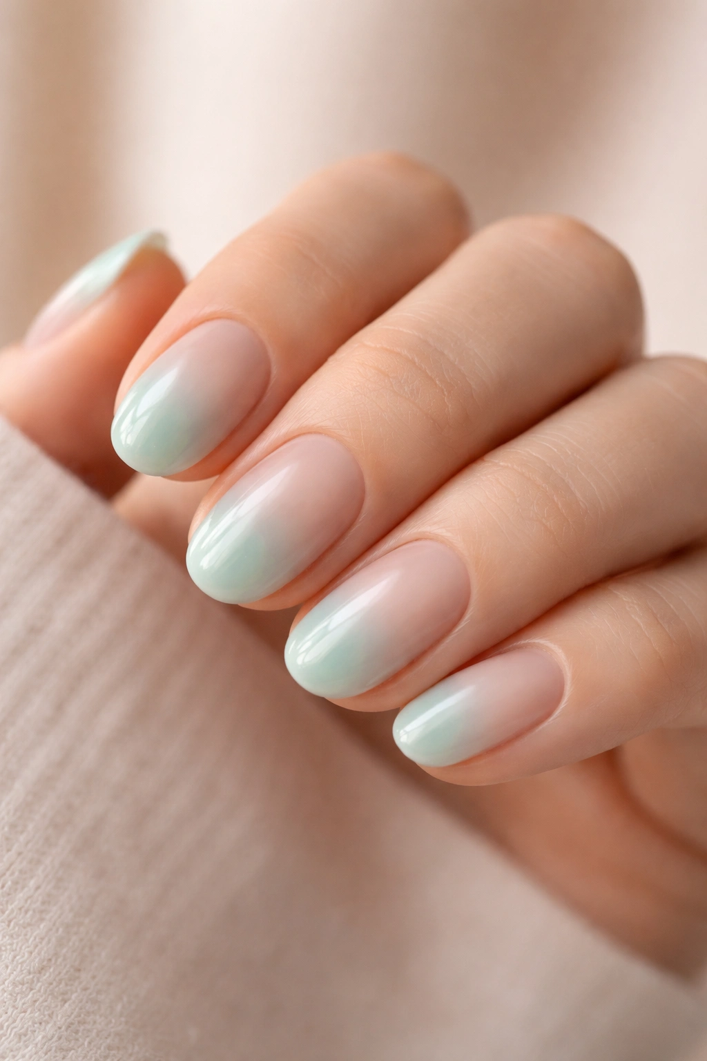 Close-up of short oval nails with seafoam mint to bare nude ombre