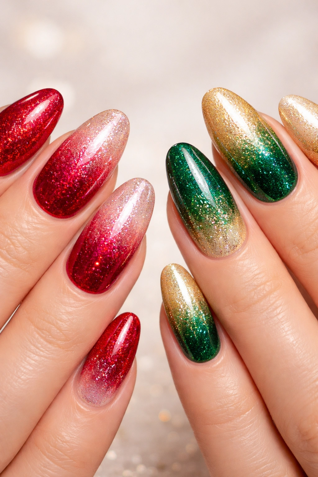 Close-up of gradient ombre nails with shimmer in holiday colors