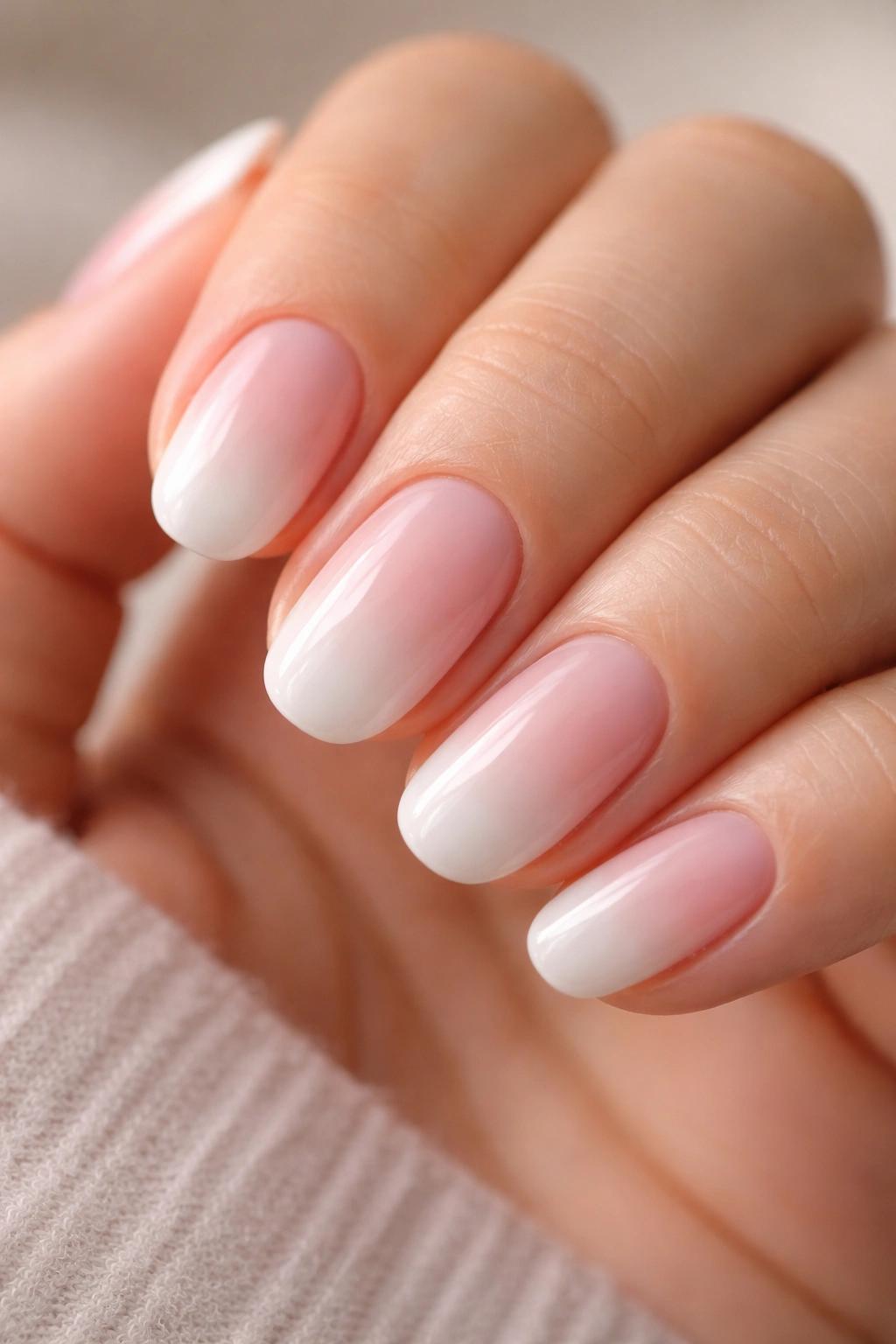 Close-up of short oval nails with a seamless ombre gradient from pale pink to white