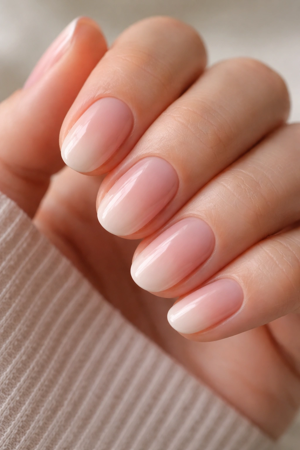 Close-up of ombre short oval nails with nude-to-pink gradient