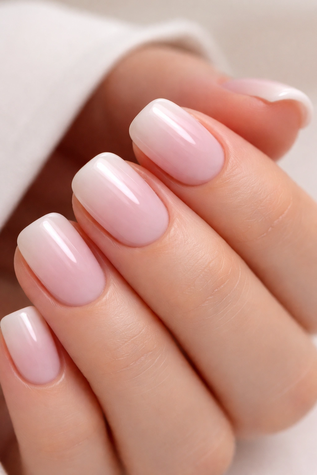 Short squoval nails with pink to pearl white ombre.