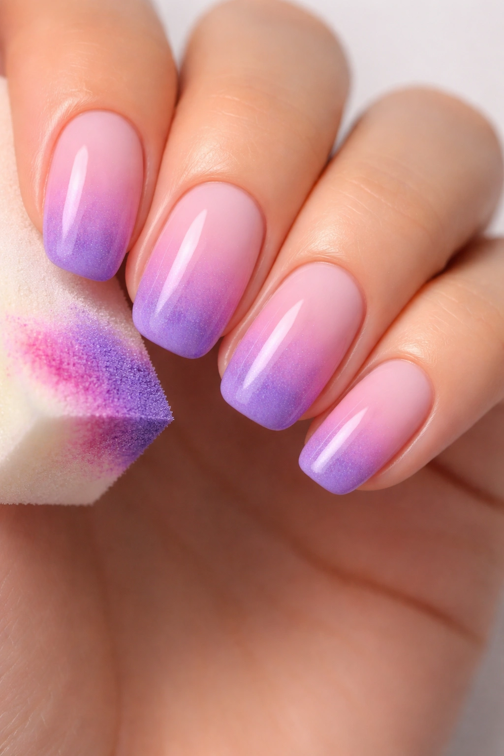 Close-up of ombré nails created with sponge, pink to purple gradient.