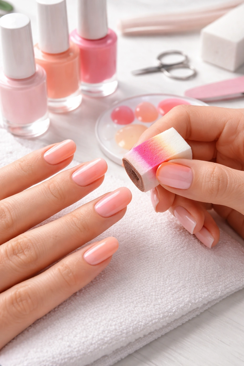 Hands applying sponge gradient to nails at home