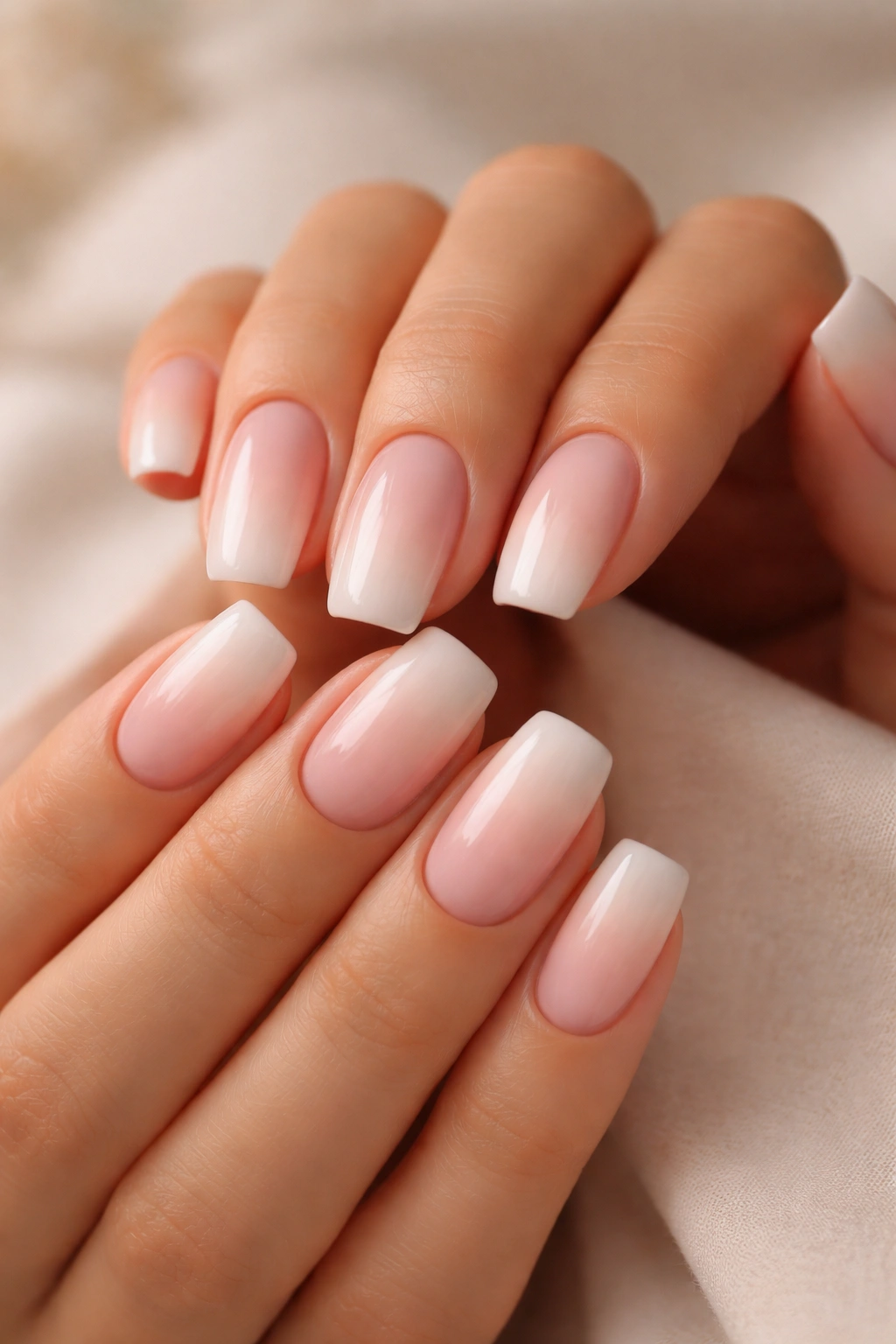 Close-up of square-oval nails with a nude-to-cream ombre gradient
