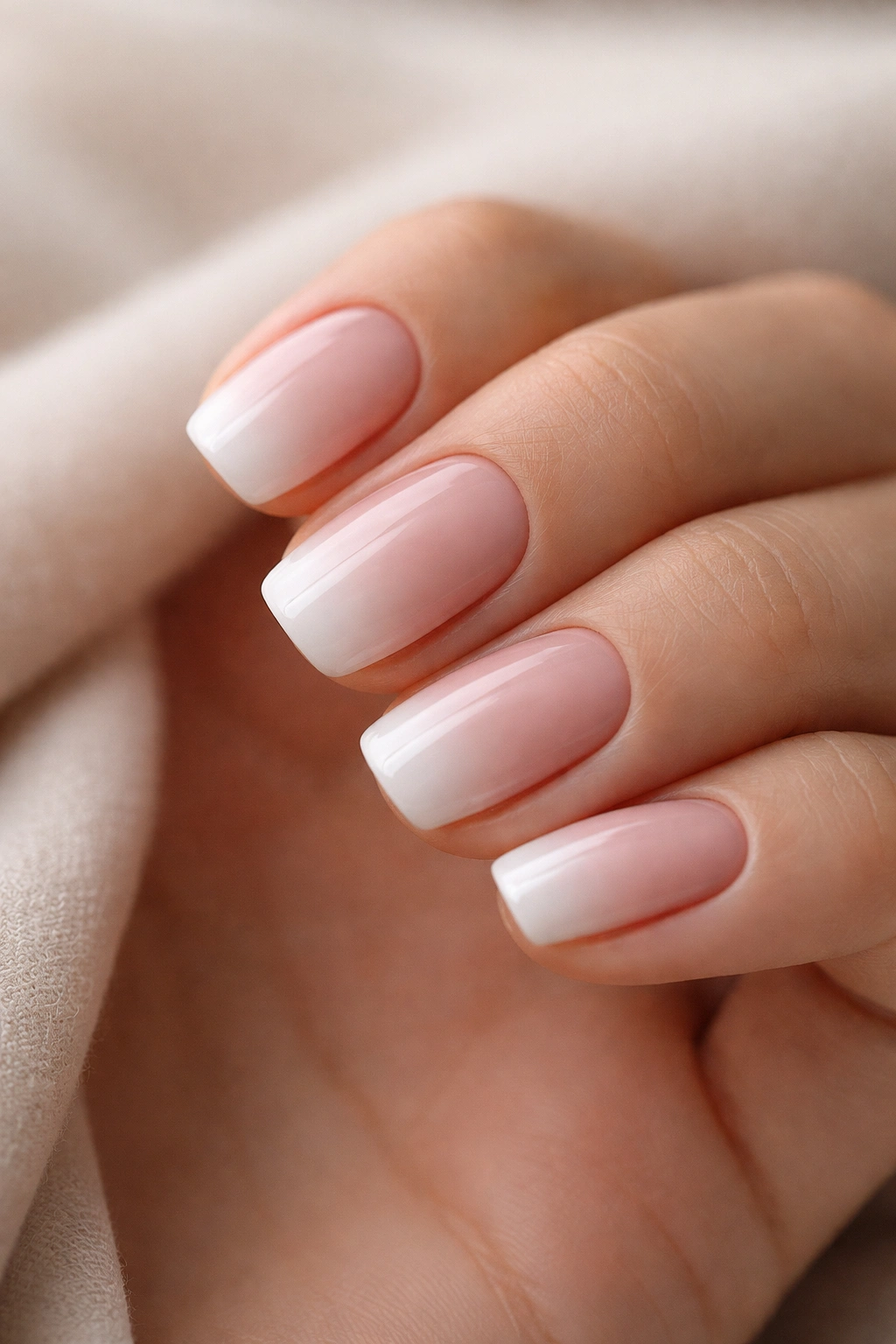 Close-up of short squoval nails with nude-to-white gradient in a French ombre style
