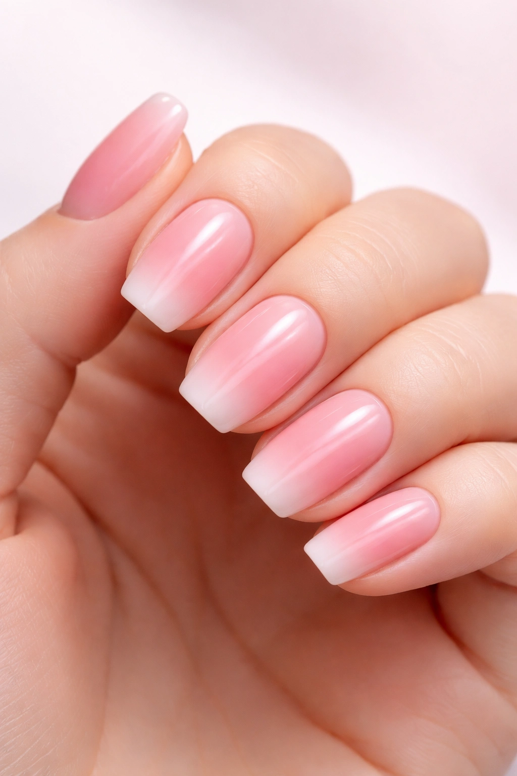 Nails with soft pink ombre gradient on squoval shape