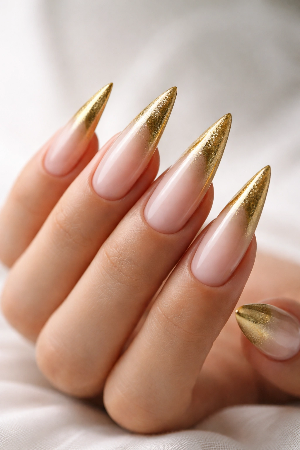 Close-up of hands with nude-to-gold ombre stiletto nails.