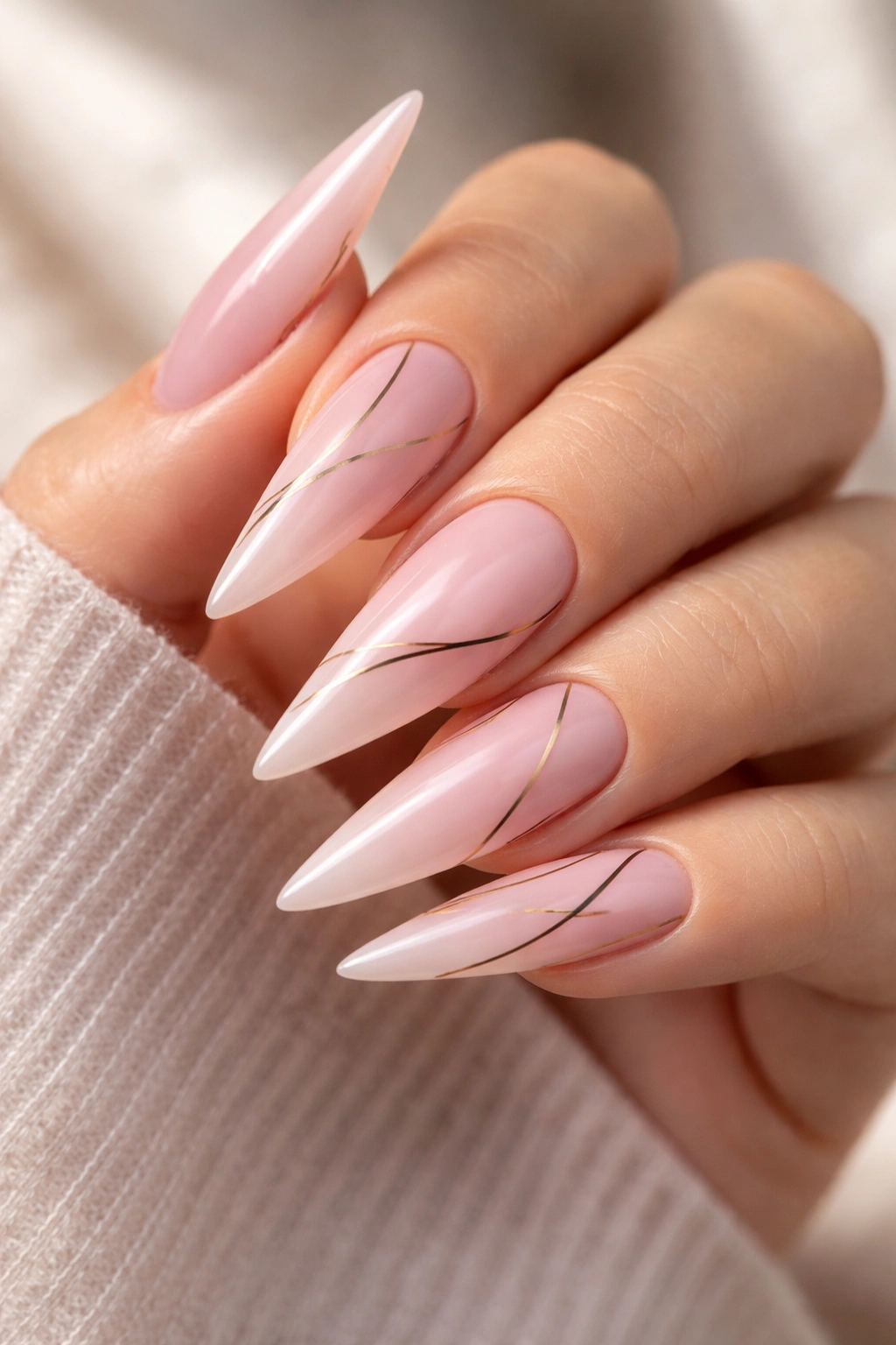 Ombré pink stiletto nails with minimalist line design