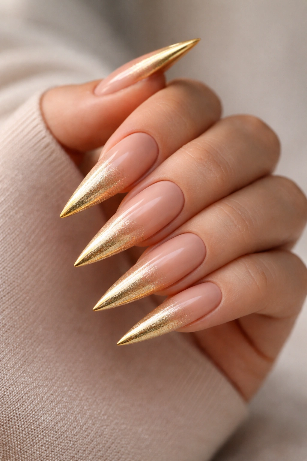 Close-up of nude-to-gold ombre stiletto nails with a seamless gradient