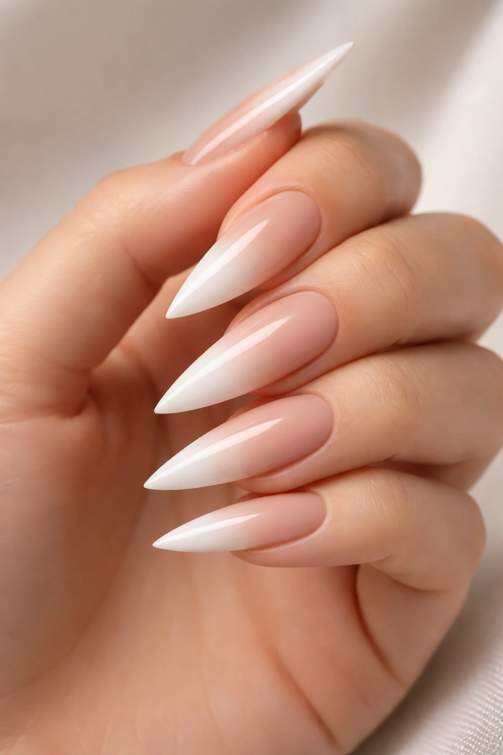 Close-up of nude-to-white ombre stiletto nails on a neutral background