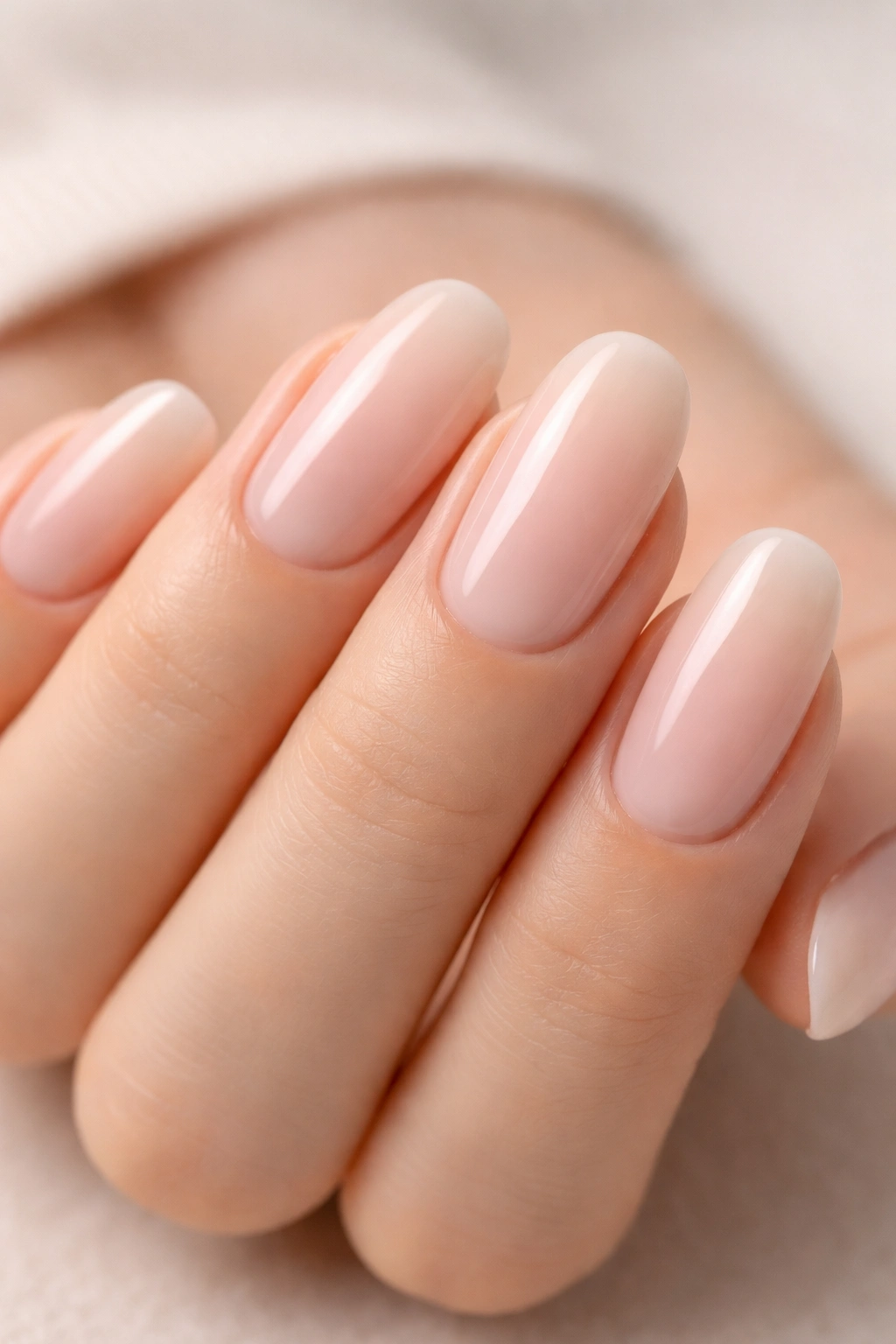 Close-up of nails with soft nude to pale pink ombre gradient