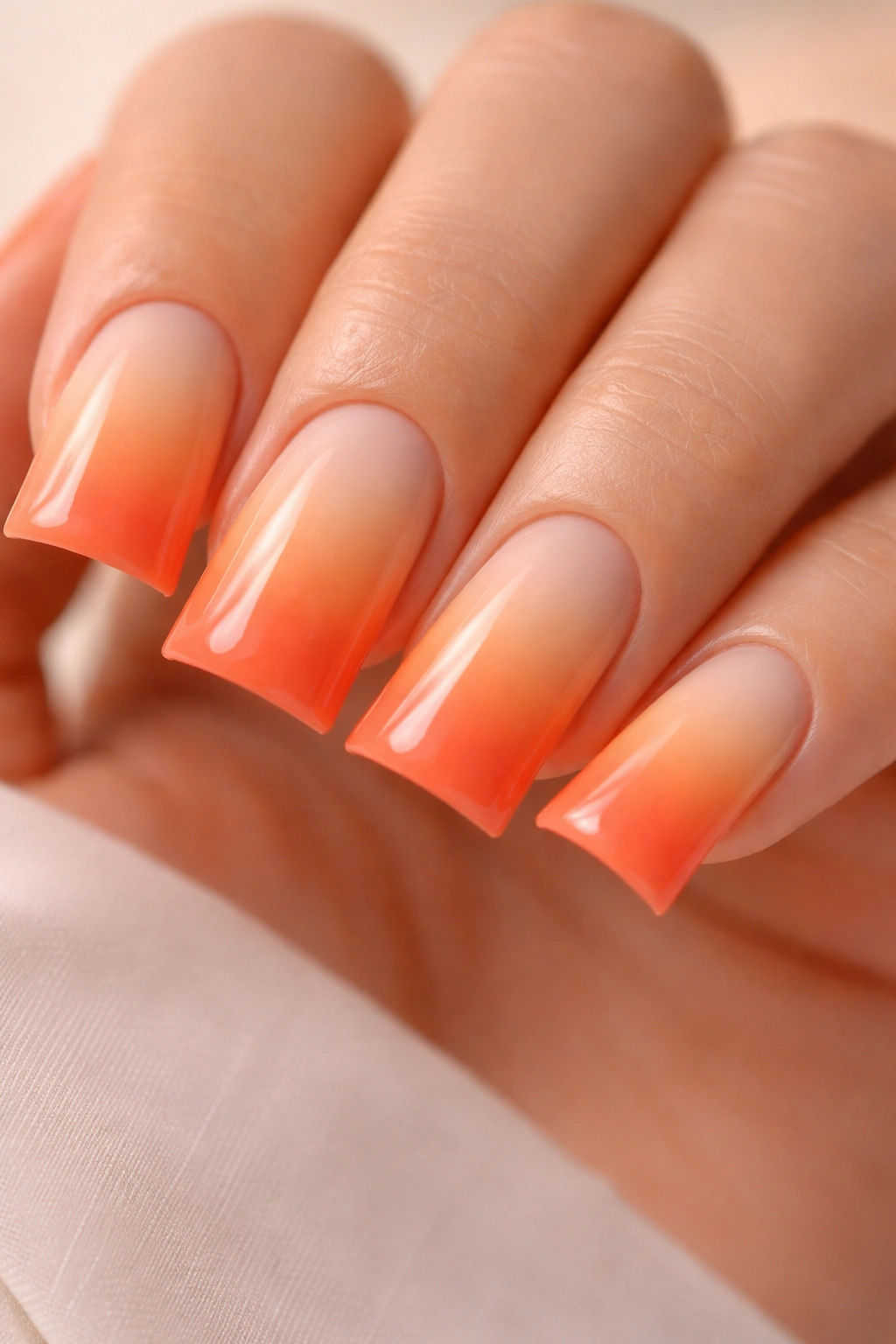 Close-up of duck nails with peach to orange ombre
