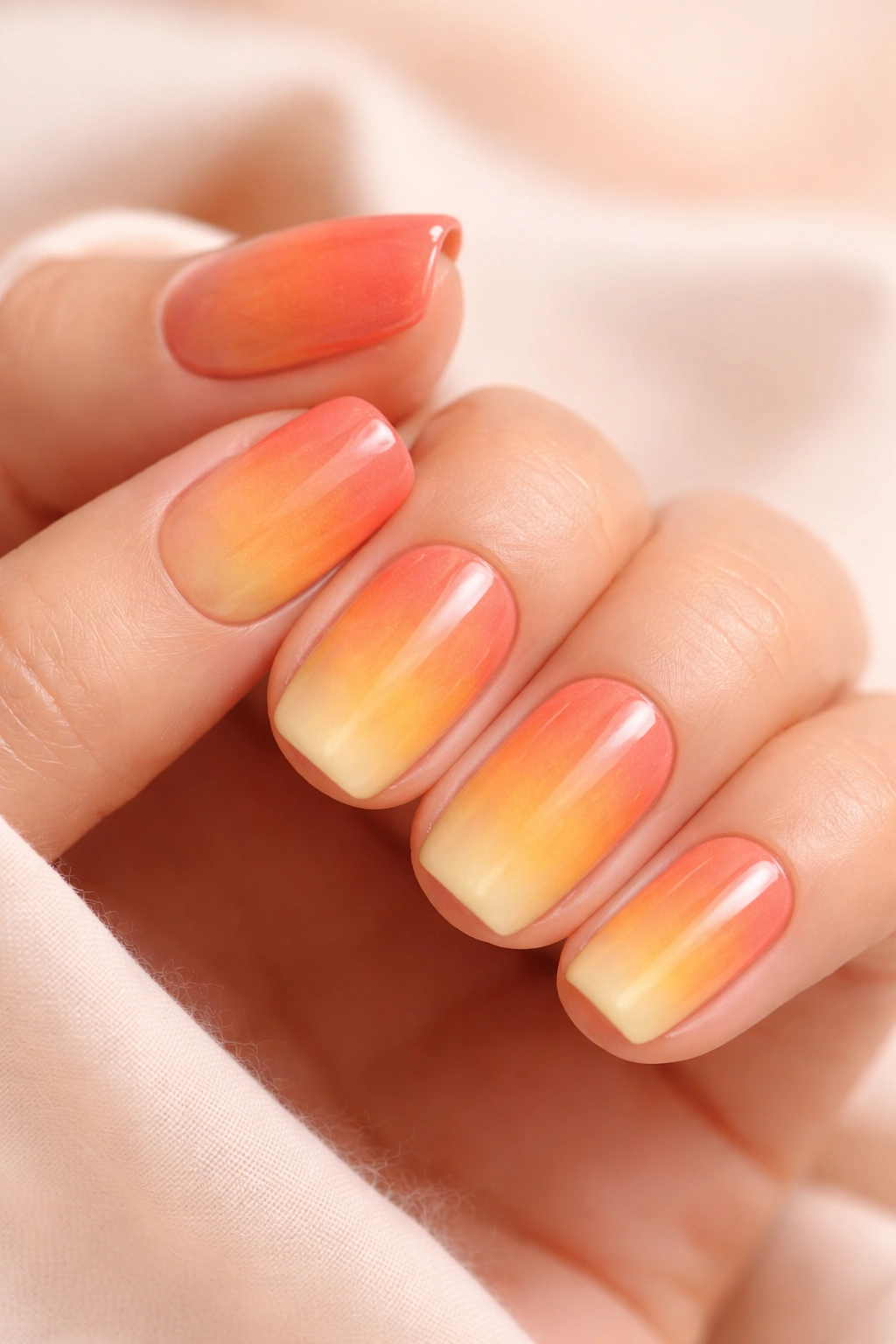 Ombre sunset nails on short squoval shape, peach to yellow gradient