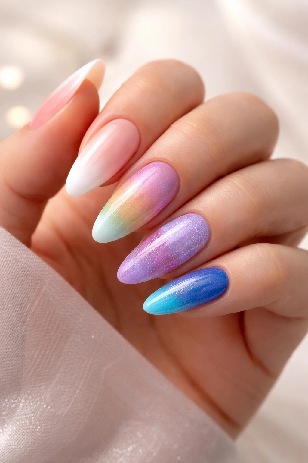 Hand displaying multiple ombre nails with different gradients