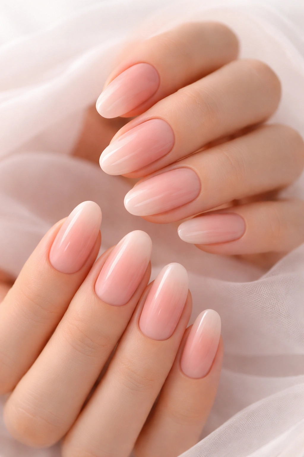 Gradient ombré nails from pink base to sheer tips