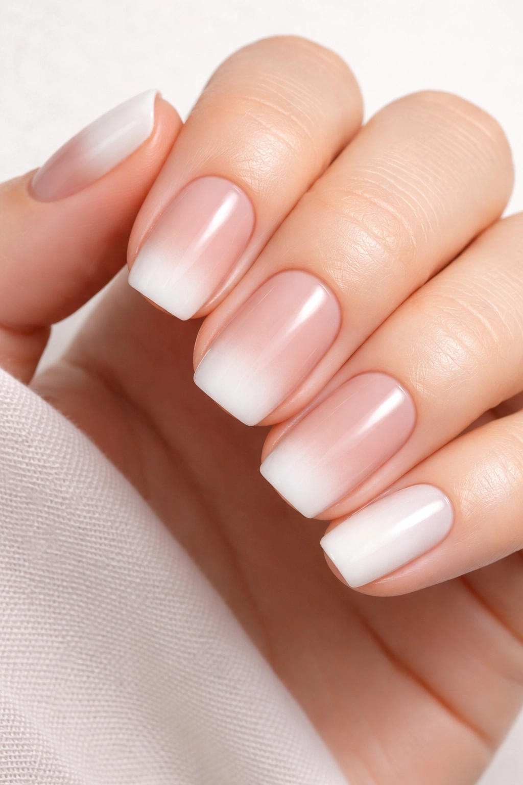 Close-up of short squoval nails with soft white and nude ombré on a neutral background