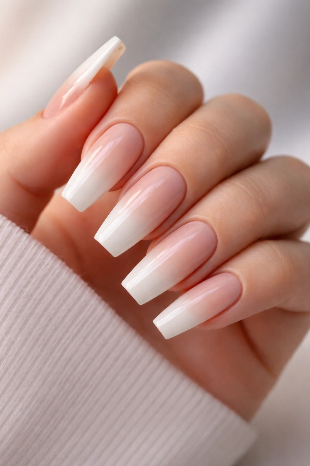 Close-up of coffin nails showing a white to nude ombré gradient