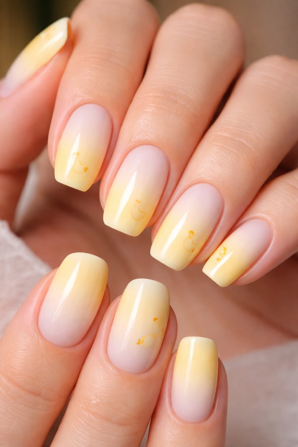 Nail art with yellow to white ombré gradient and small duck accents