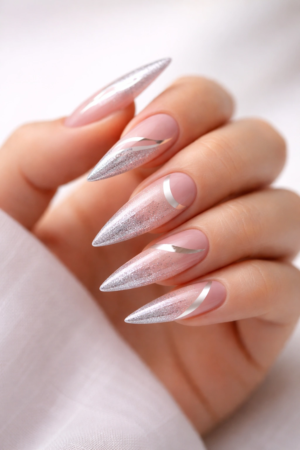 Close-up of pink to silver ombre stiletto nails with negative space