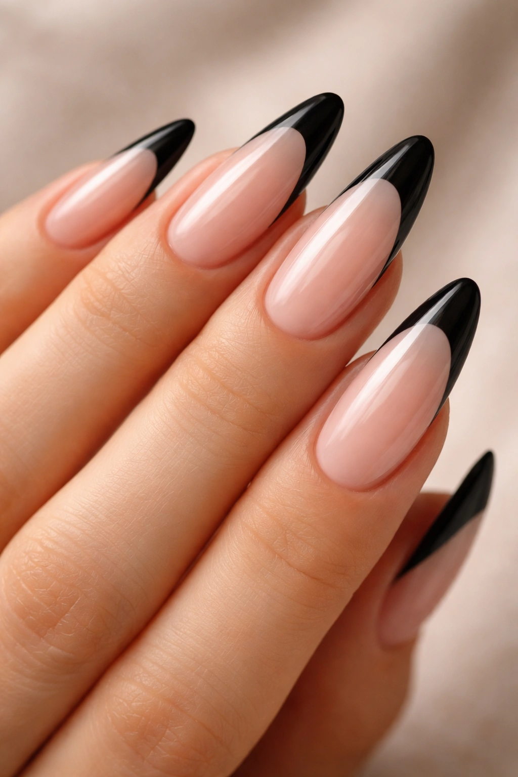 Almond nails with nude ombre base and black tip French manicure