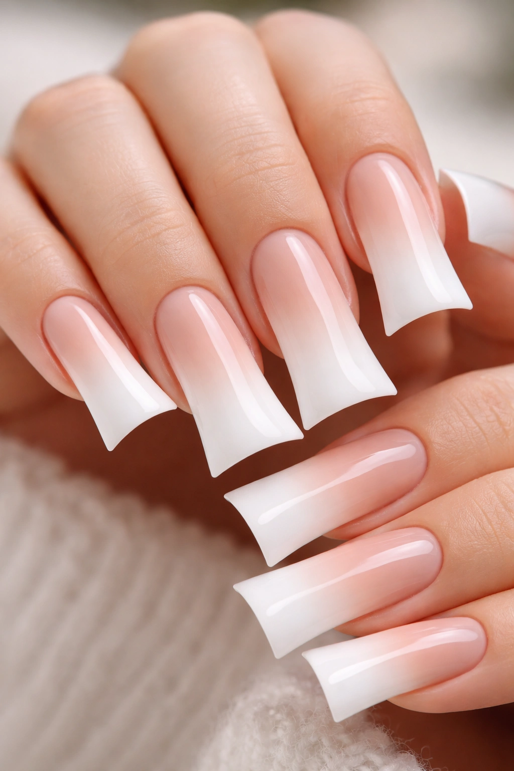 Close-up of nude-to-white ombré duck nails