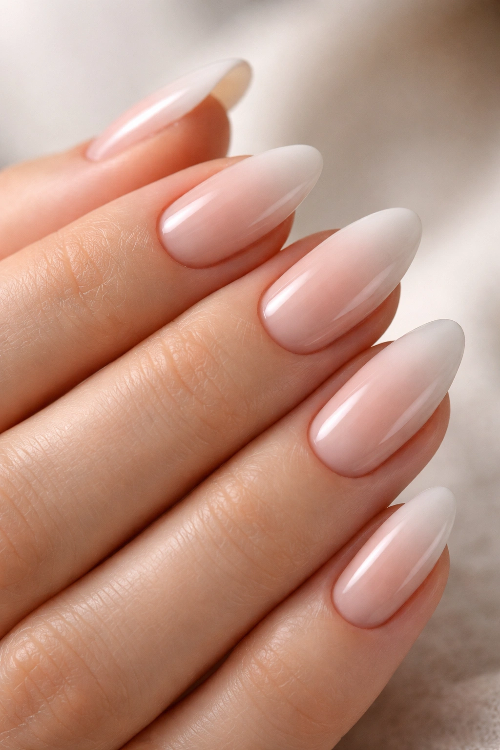 Close-up of short almond nails with a nude-to-white gradient on a pale base