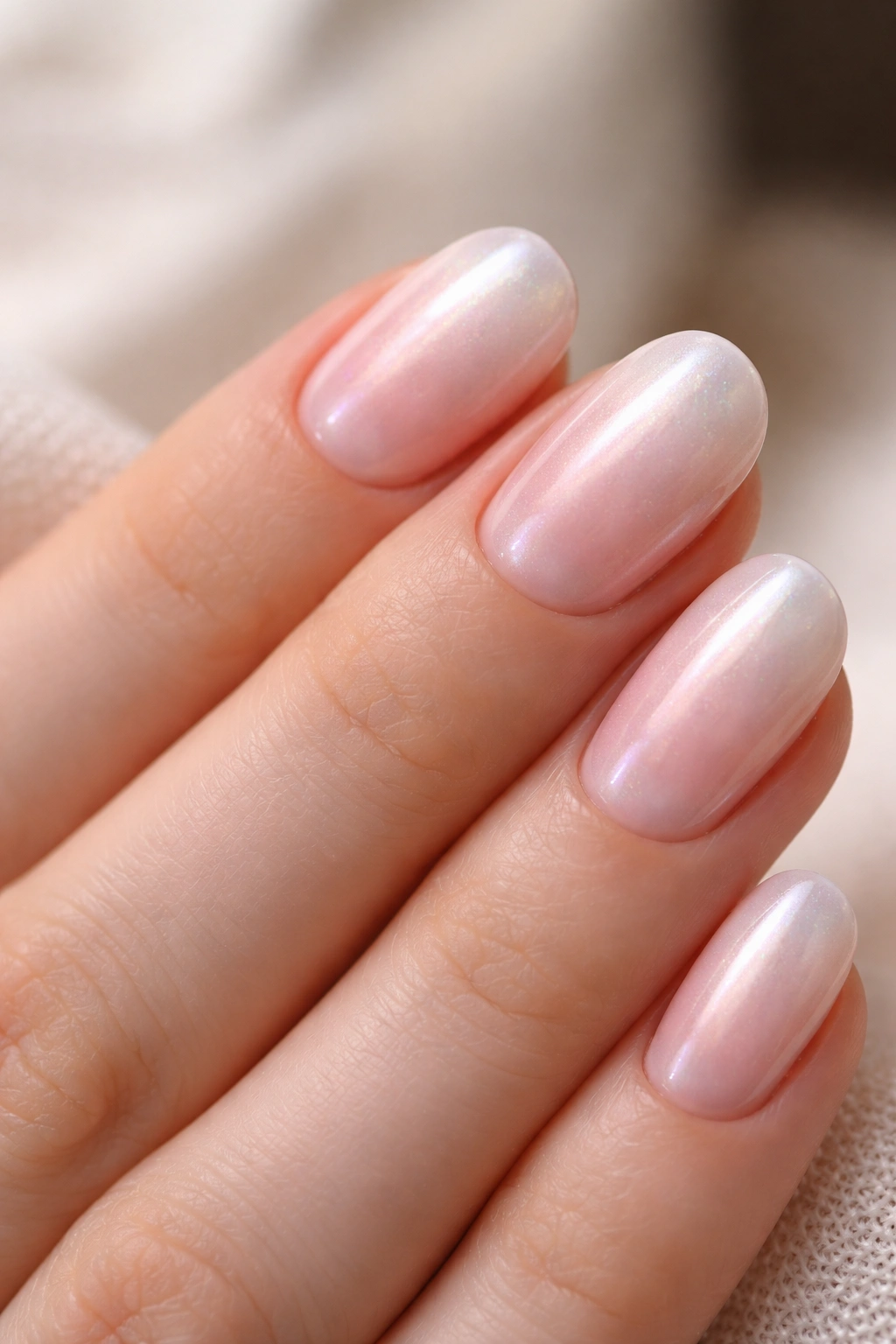 Close-up of short oval nails with pearl pink ombré gradient