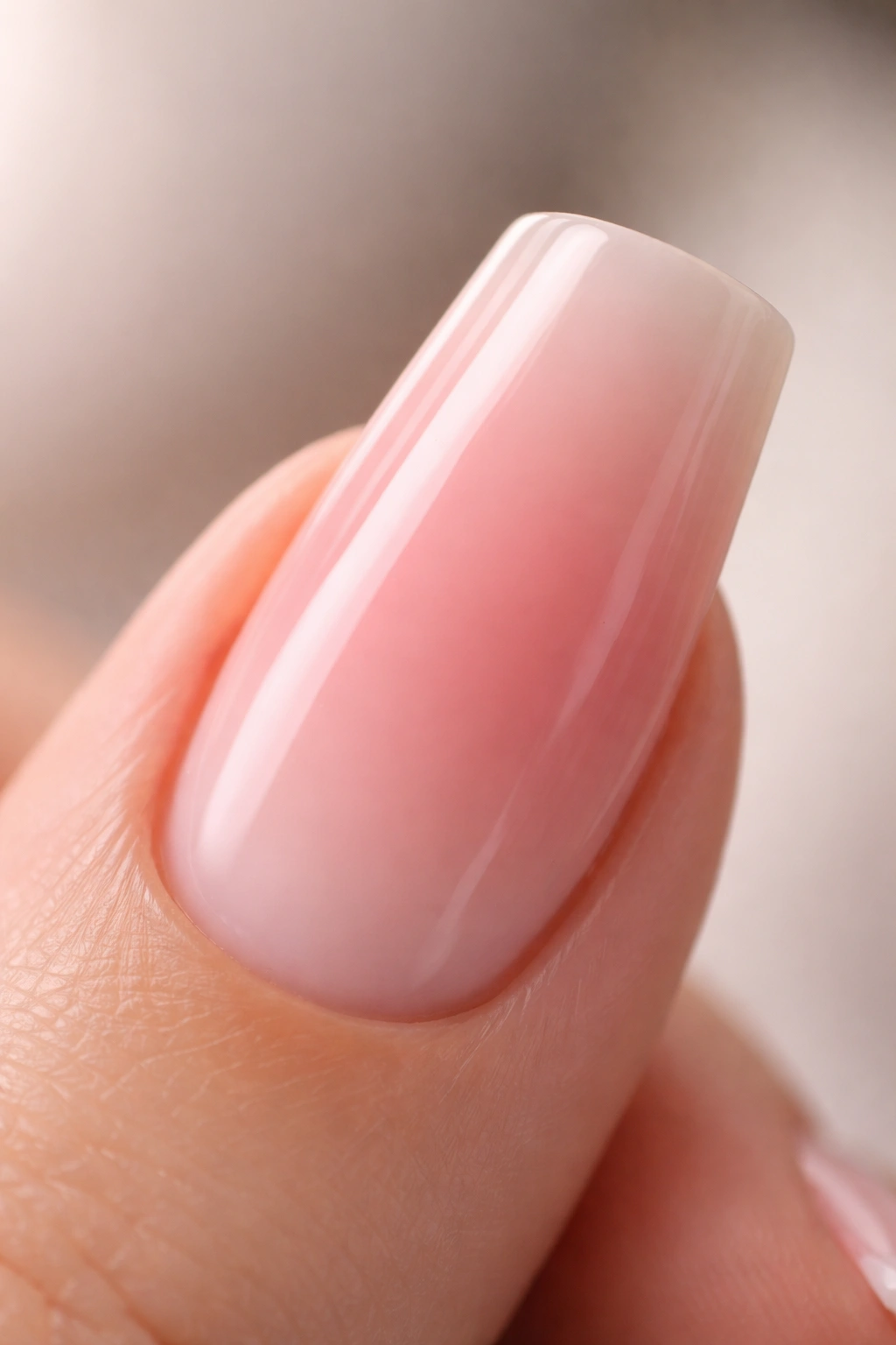 Close-up of a slim duck nail with warm pink to creamy white ombre gradient on curved nail