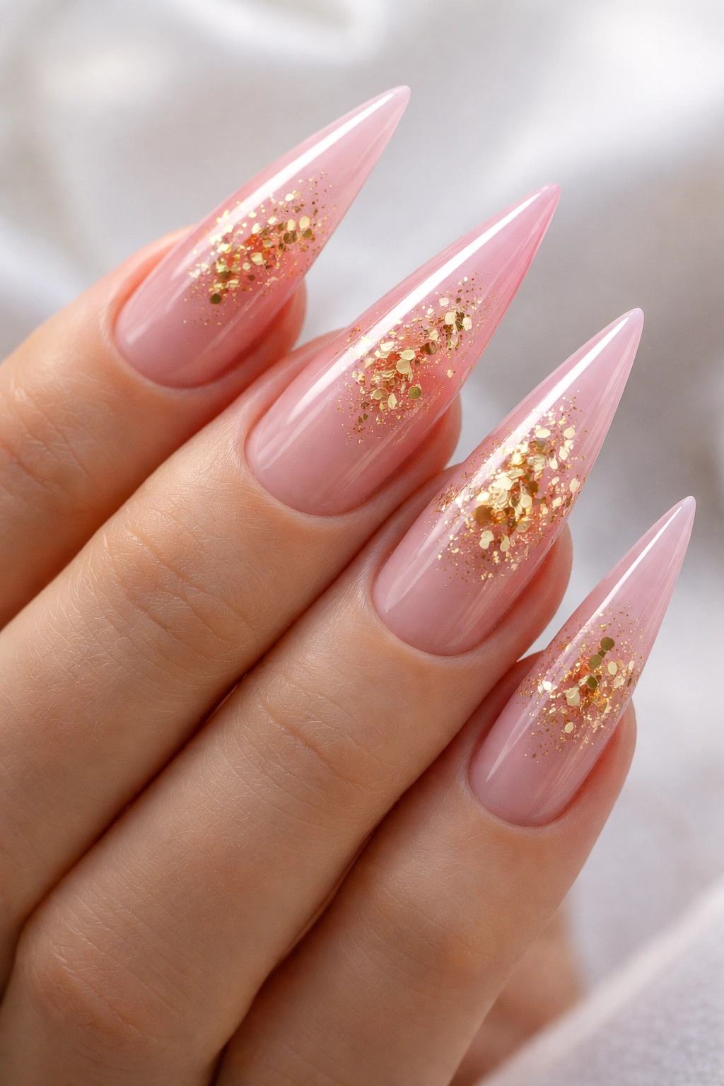 Ombré pink stiletto nails with encapsulated gold foil