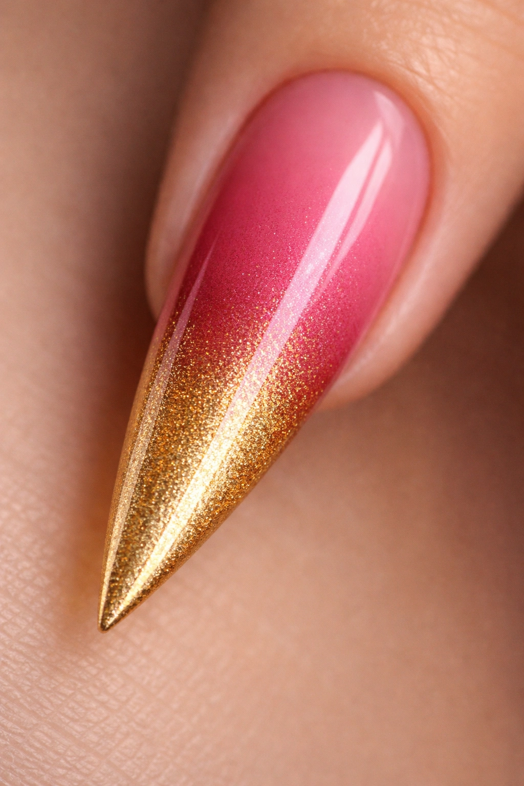 Close-up of a stiletto nail with pink to gold ombre gradient