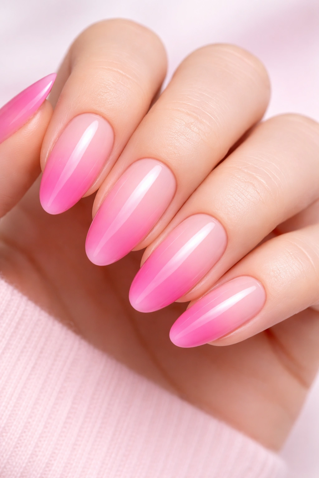 Close-up of pink nails with a smooth ombré gradient from light to dark