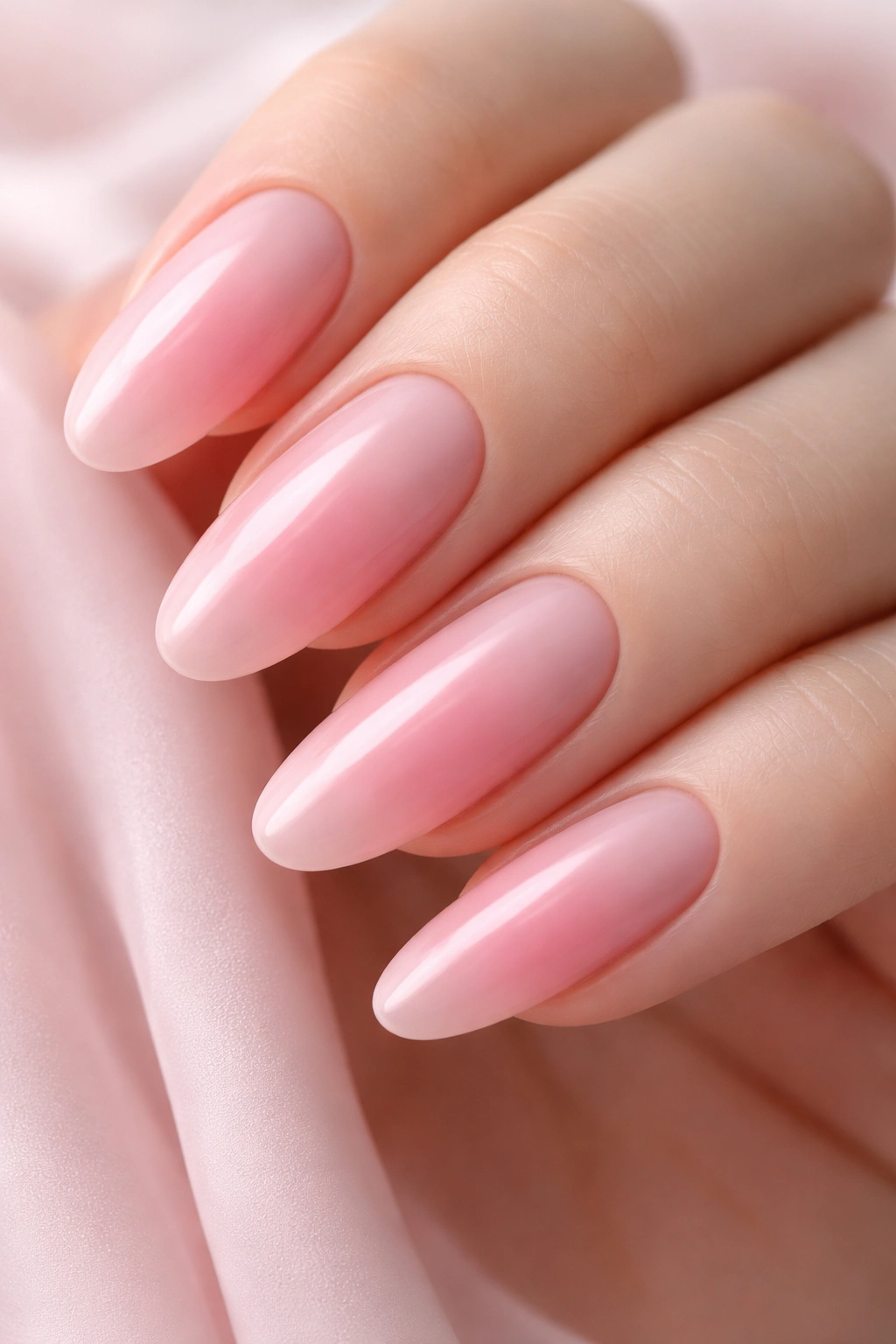 Close-up of soft pink ombre on long-oval nails with gradient fade