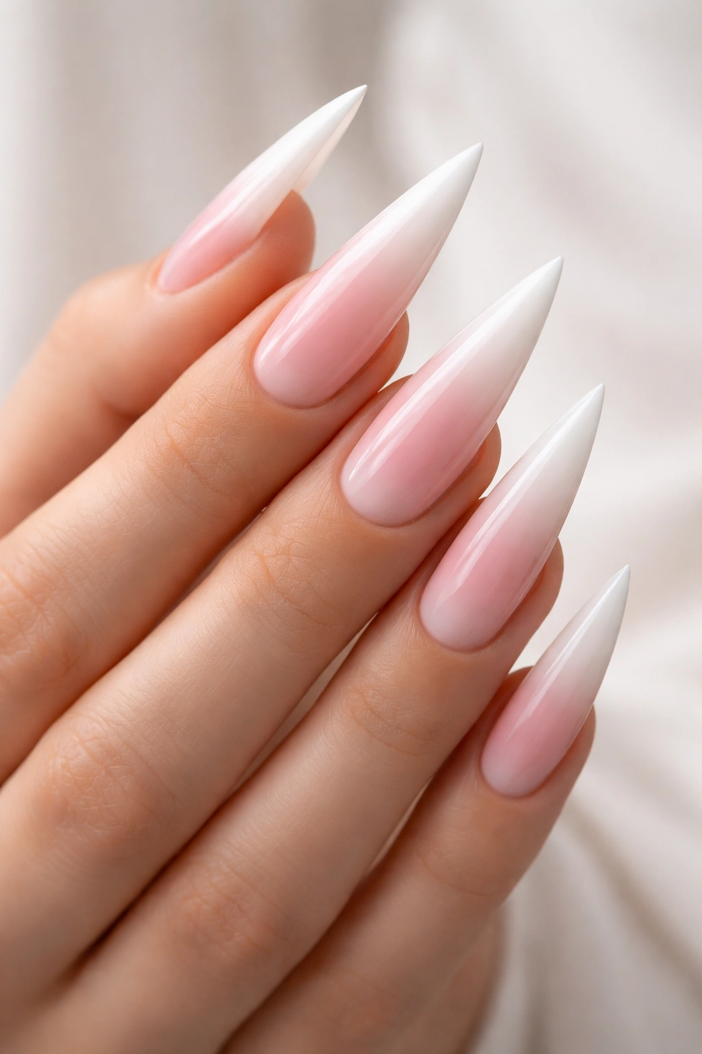 Close-up of a hand showing ombre pink to white stilettos nails