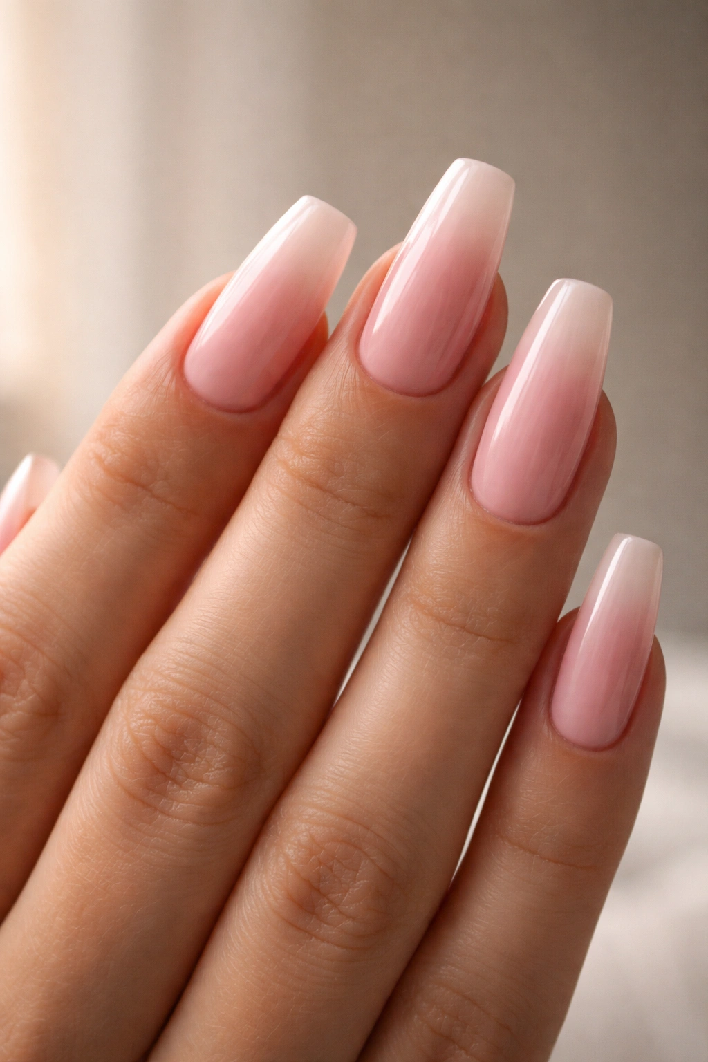 Coffin nails with light pink ombre from base to tip on a hand