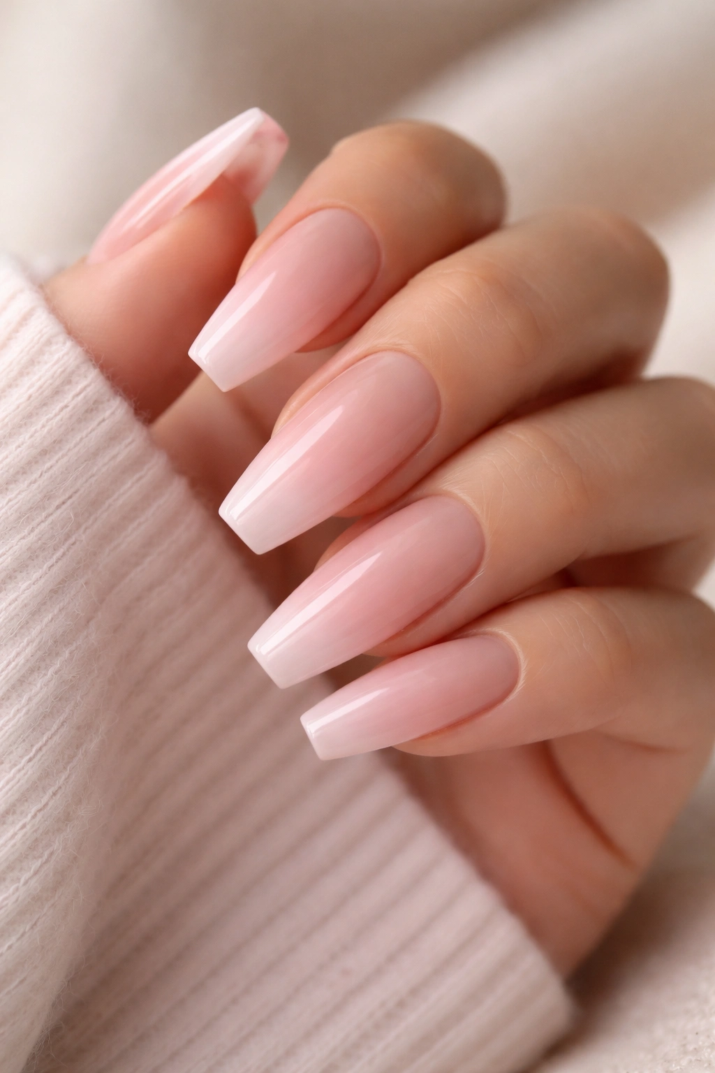 Close-up of baby pink to nude ombré on long ballerina nails.