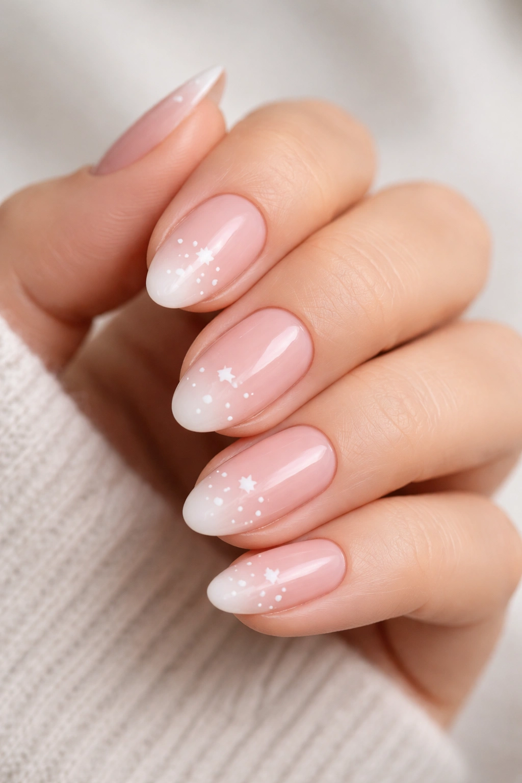 Close-up of short almond nails with pink ombre and white star tips
