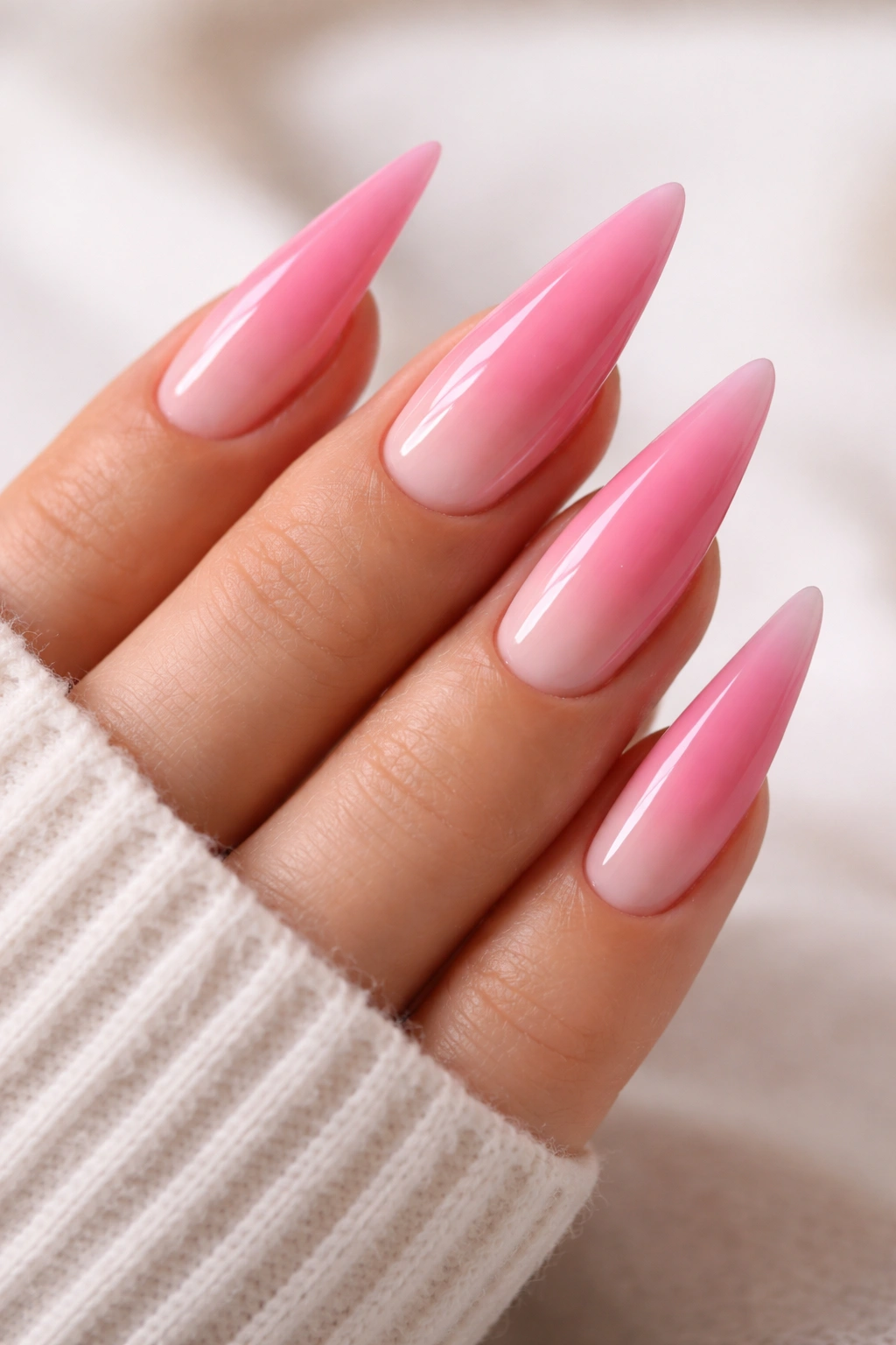 Close-up of ombre pink stiletto nails showing a gradient from deep pink base to light pink tips.