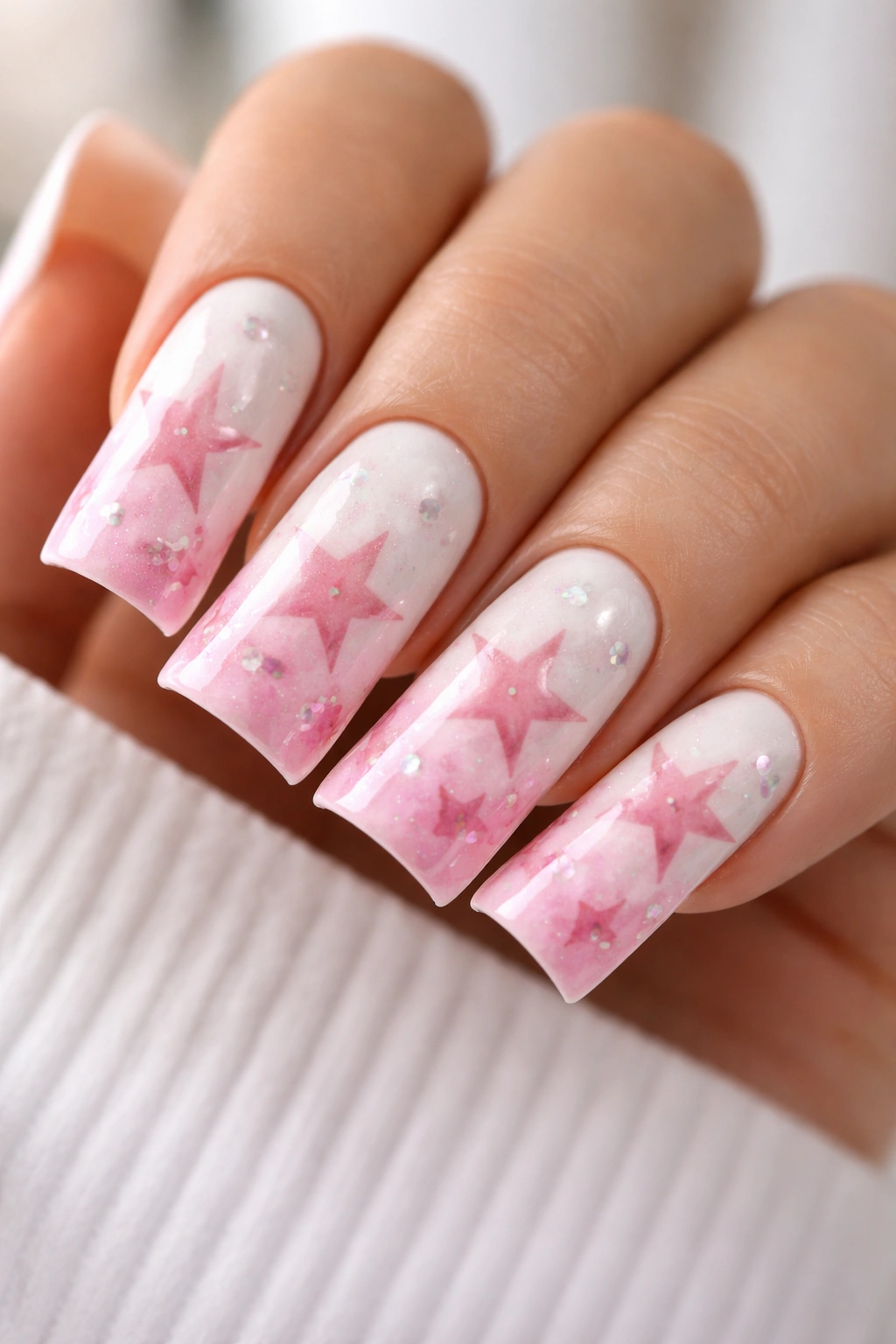 Close-up of white-based nails with gradient pink stars