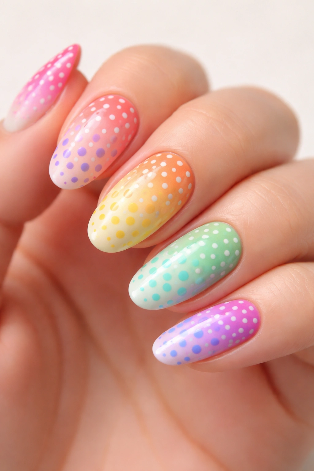 Nails with gradient dot colors on an ombre base, stylish polka dot manicure
