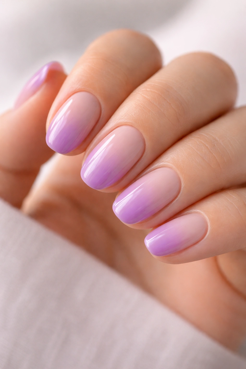 Close-up of a short oval nail with a nude to purple ombre fade