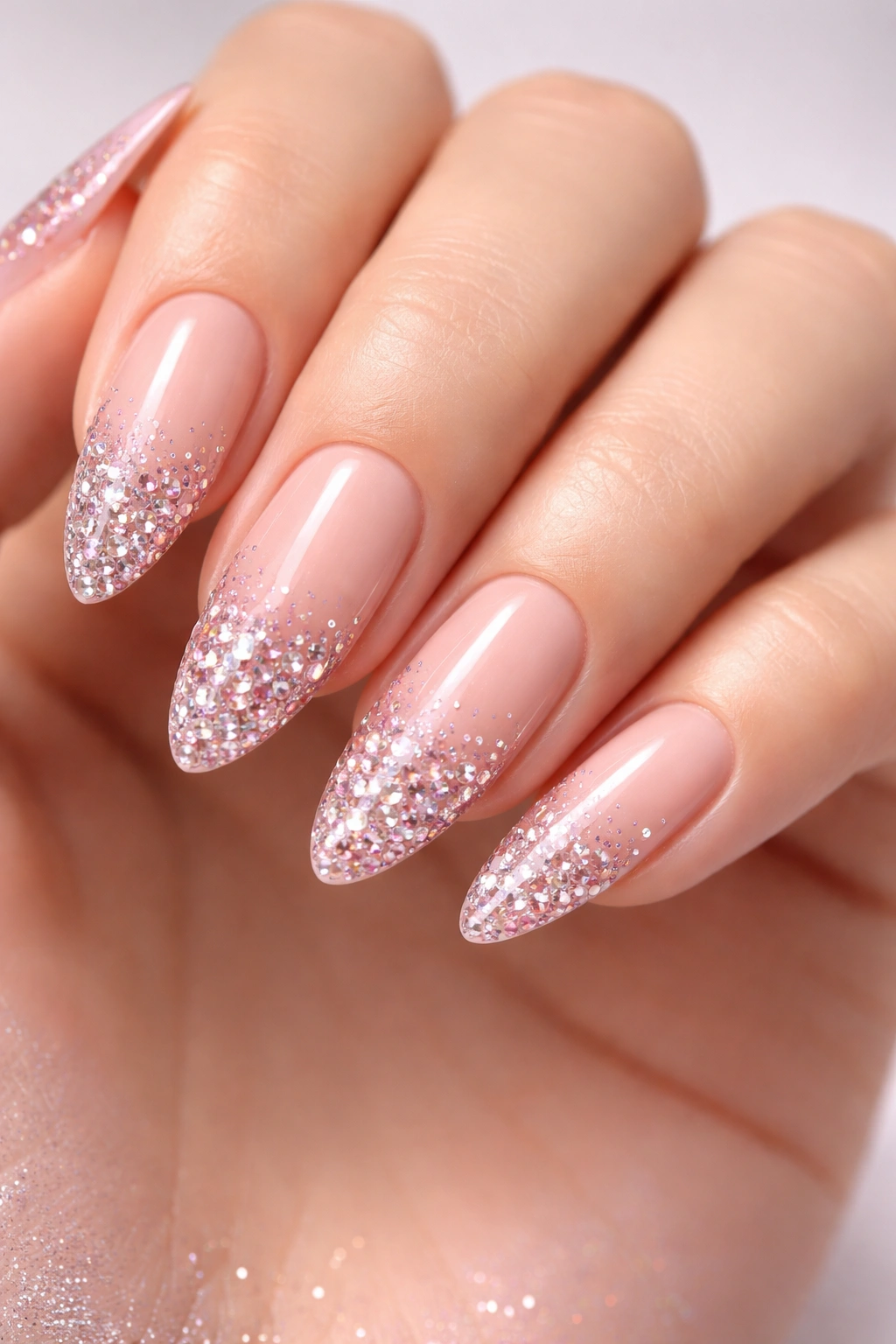 Close-up of ombre nails with rhinestones at the tip
