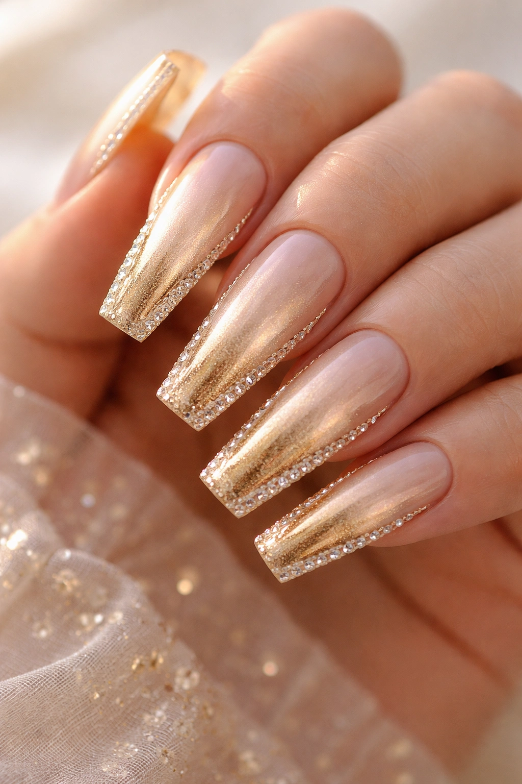 Close-up of long coffin nails with gold ombré and rhinestone border