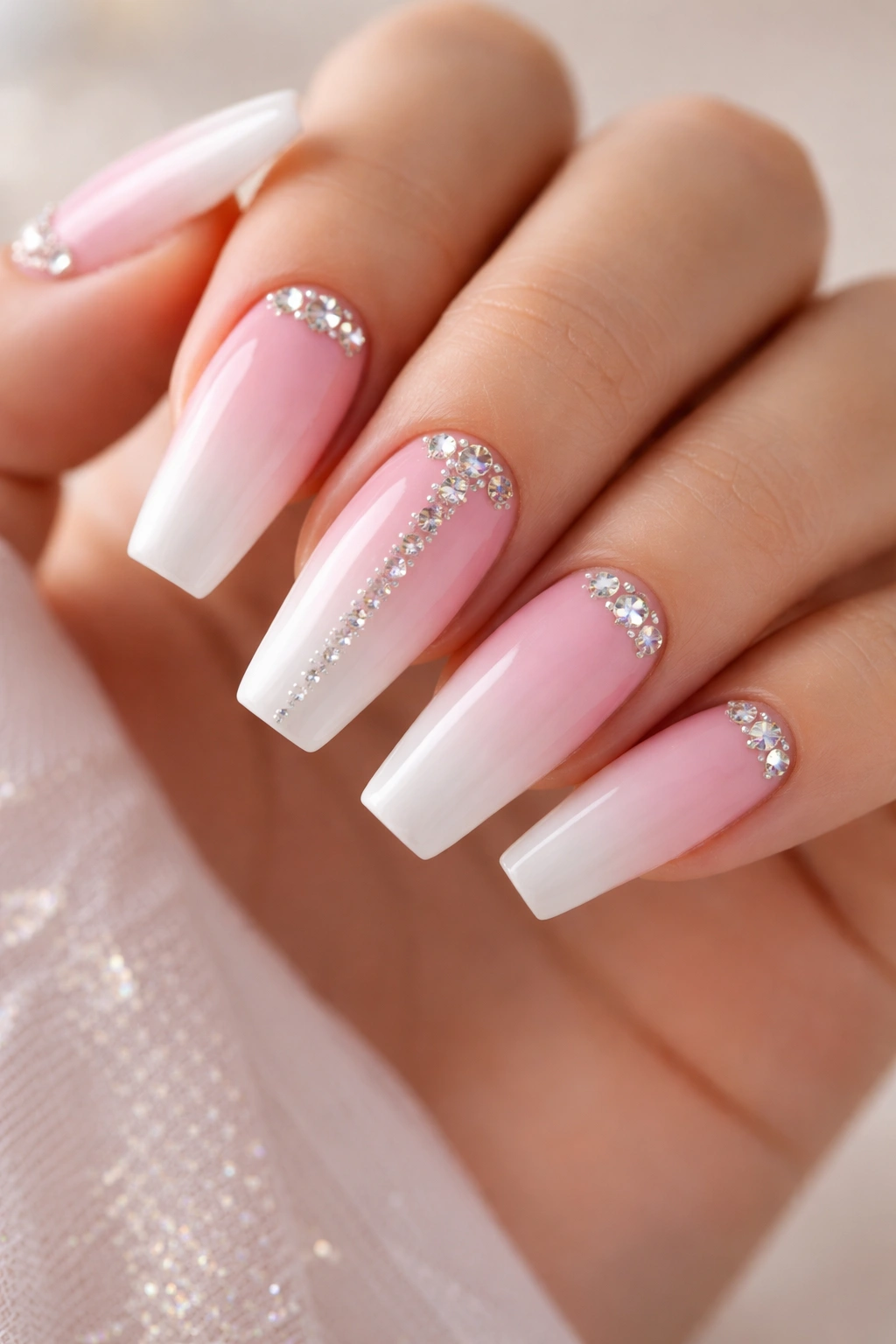 Coffin nails with soft pink to white ombre and rhinestones
