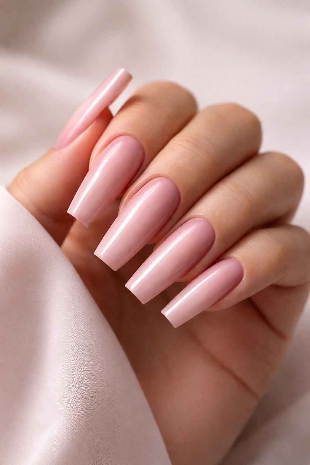 Close-up of long coffin nails with darker edges fading to light pink center